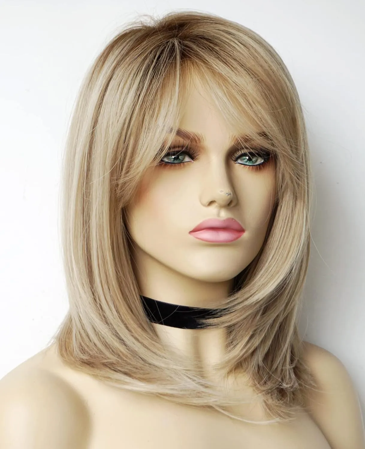 Wigs for white women blonde bob wig medium length wigs for women Sandy blonde with dark roots Synthetic wig for white Women (Sandy bob)