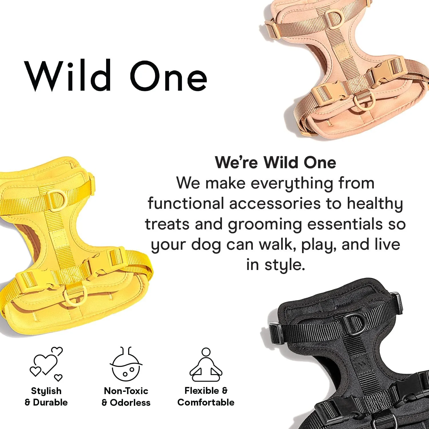 Wild One Dog Harness, The Original No-Pull, Pet Harness with 3 Leash Clips, Adjustable Soft Padded Vest, Comfortable, Stretchy, Size S, Black