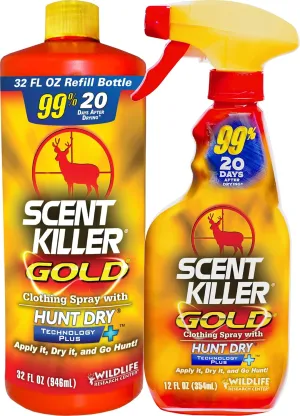 Wildlife Research Center Scent Killer Gold Spray & Refill (44 FL OZ) – Hunting Scent Eliminator with Hunt Dry Technology – Odor Prevention & Maximum Performance After Drying – Scent Control for Deer