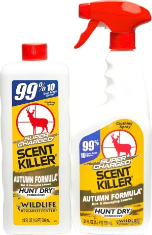 Wildlife Research Center Super Charged Scent Killer Autumn Formula Spray & Refill – Hunting Odor Eliminator with Scent of the Forest Floor – Works for Days – Deer (48 FL OZ Combo)