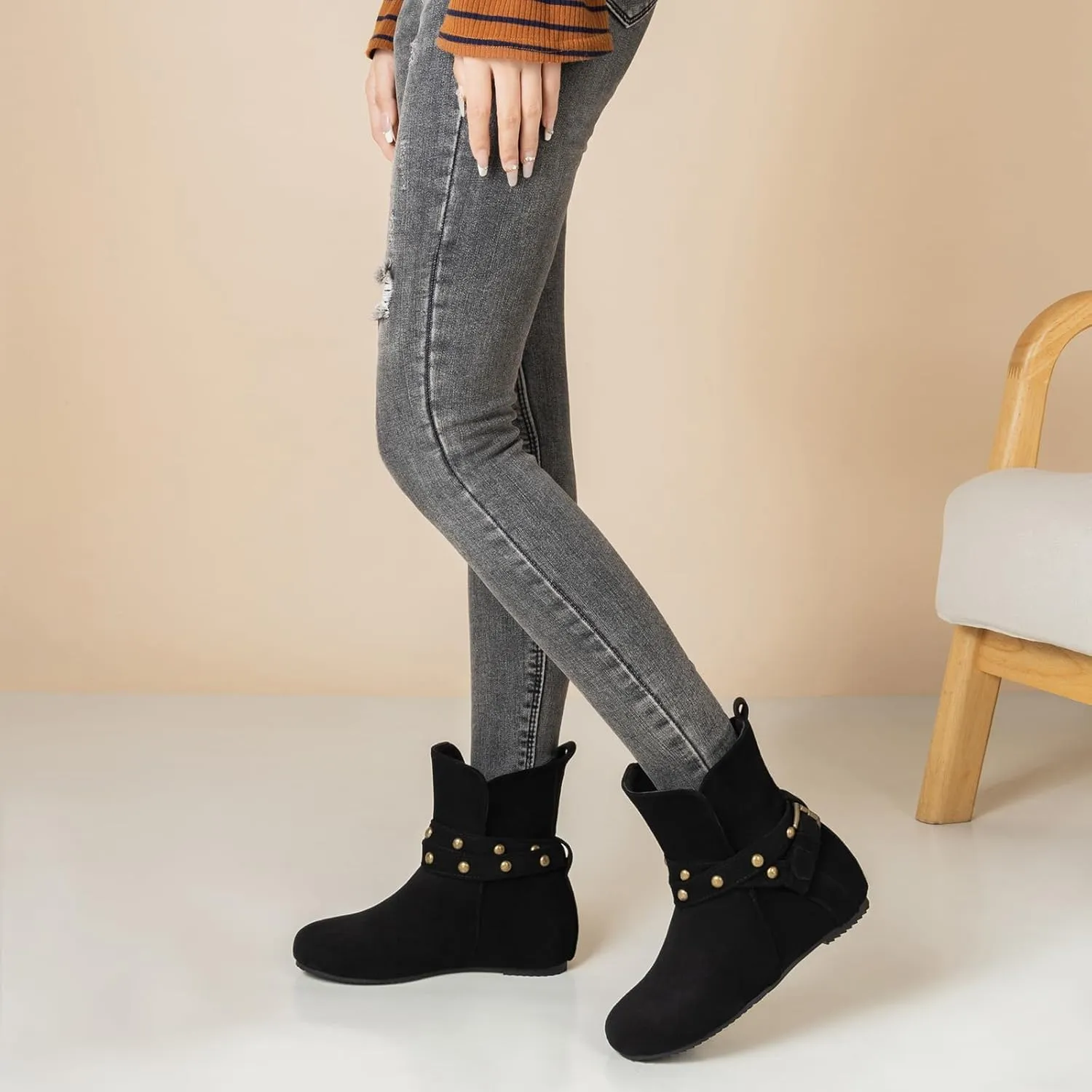 Women Hidden Heel Faux Suede Ankle Boots with Rivet belt buckle Ladies Classic Pull on Flat Wide Width Cowboys Mid Calf Slouch Western Short Boots