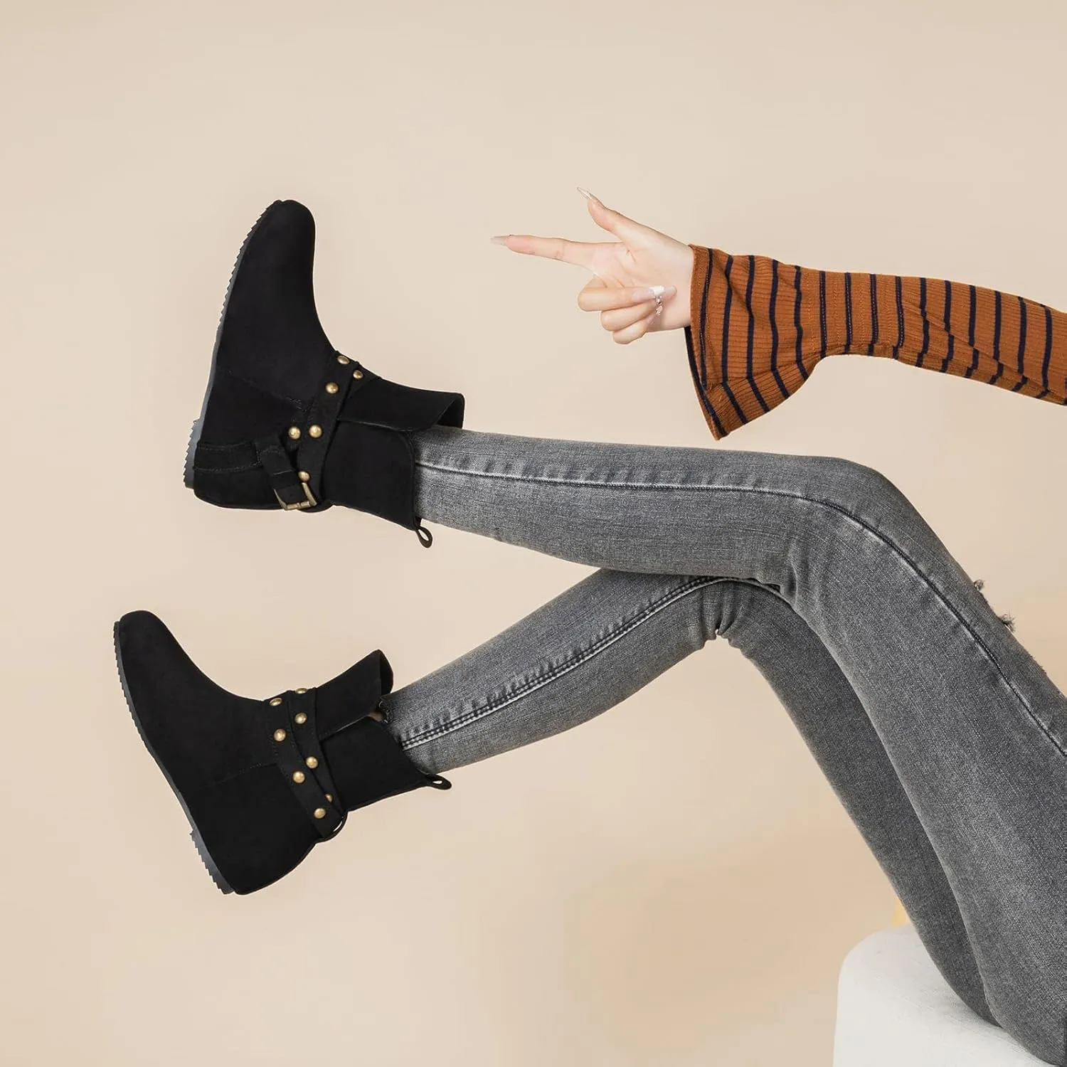 Women Hidden Heel Faux Suede Ankle Boots with Rivet belt buckle Ladies Classic Pull on Flat Wide Width Cowboys Mid Calf Slouch Western Short Boots