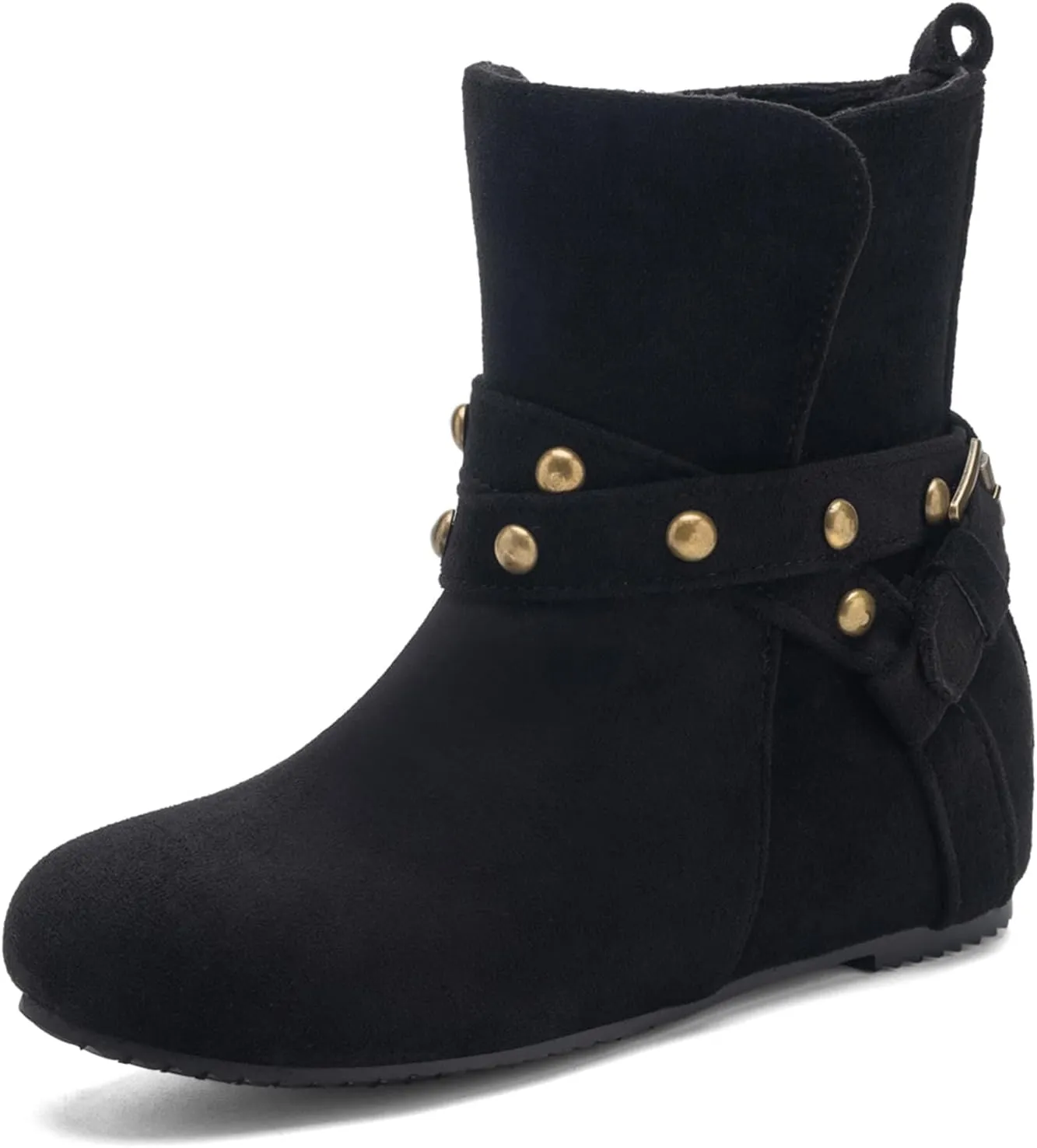 Women Hidden Heel Faux Suede Ankle Boots with Rivet belt buckle Ladies Classic Pull on Flat Wide Width Cowboys Mid Calf Slouch Western Short Boots