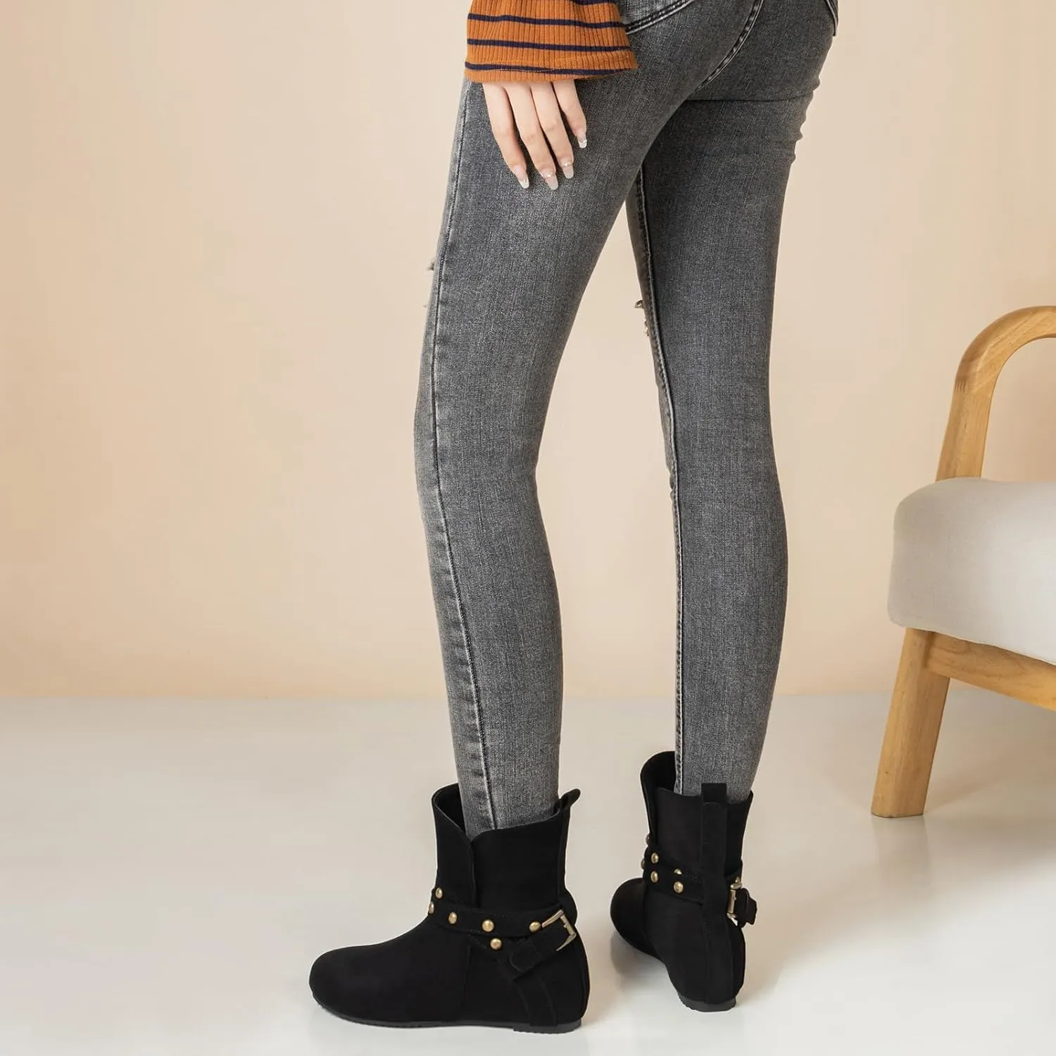 Women Hidden Heel Faux Suede Ankle Boots with Rivet belt buckle Ladies Classic Pull on Flat Wide Width Cowboys Mid Calf Slouch Western Short Boots