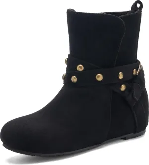 Women Hidden Heel Faux Suede Ankle Boots with Rivet belt buckle Ladies Classic Pull on Flat Wide Width Cowboys Mid Calf Slouch Western Short Boots