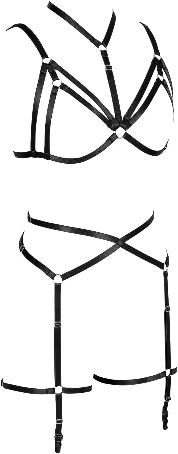 Women's Full Body Harness Bra Garter Belt Lingerie cage Set Chest Strap Gothic Punk Festival Rave Plus Size