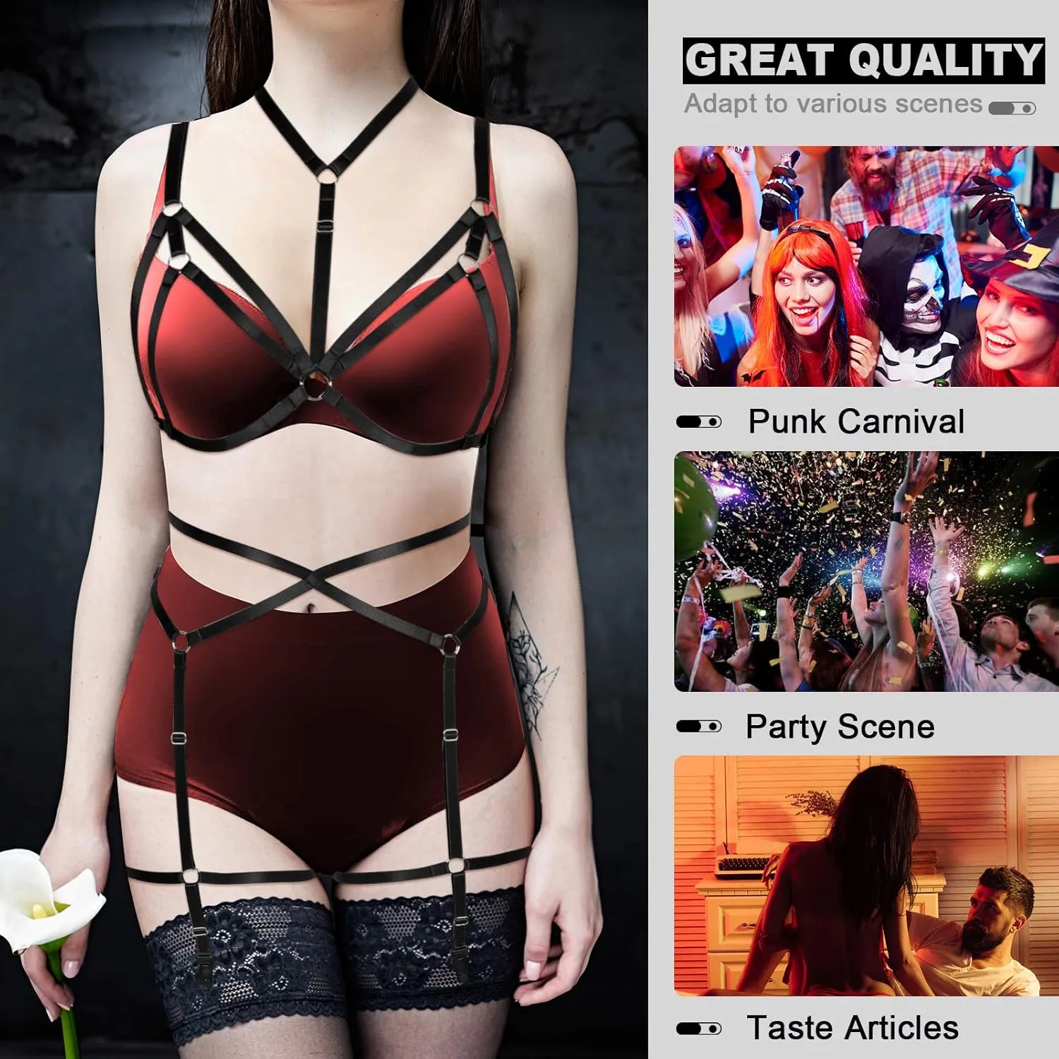 Women's Full Body Harness Bra Garter Belt Lingerie cage Set Chest Strap Gothic Punk Festival Rave Plus Size