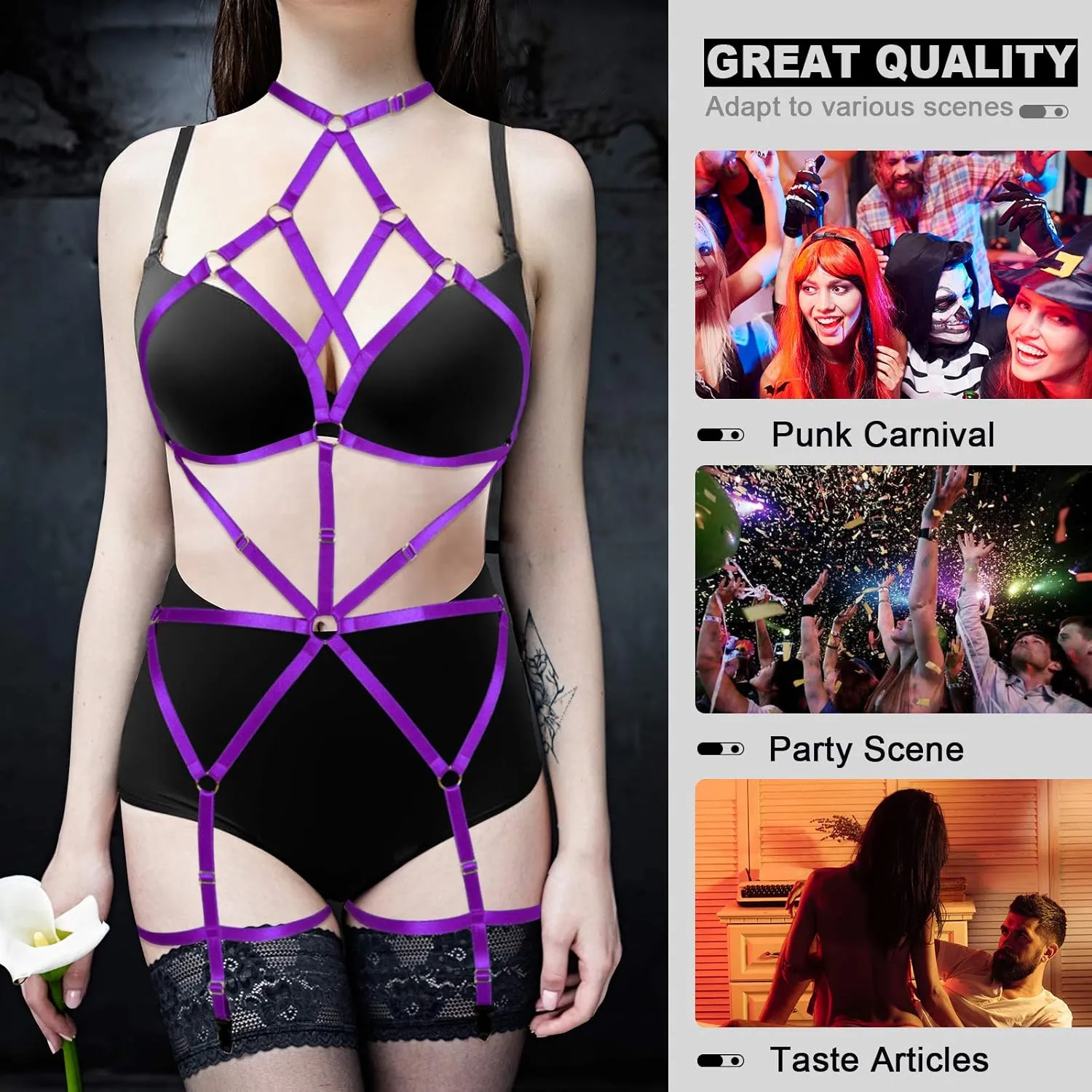 Women's Lingerie cage Set Full Body Harness Bra Garter Punk Gothic Belt Festival Rave Adjustable Strap Stretchy Fabric