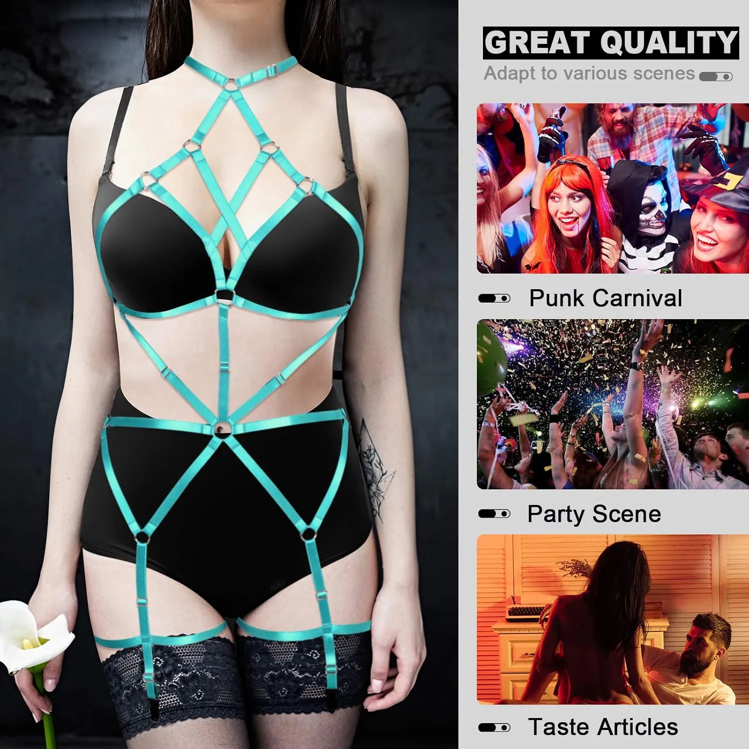 Women's Lingerie cage Set Full Body Harness Bra Garter Punk Gothic Belt Festival Rave Adjustable Strap Stretchy Fabric