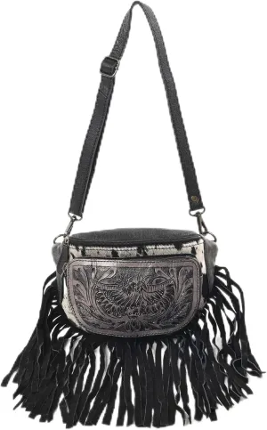 Women’s Western Leather Crossbody Sling Bag – Black Genuine Cowhide Hand-Tooled Purse with Suede Fringe – Stylish Cowgirl Shoulder Bag for Travel, Casual & Festival Outfits