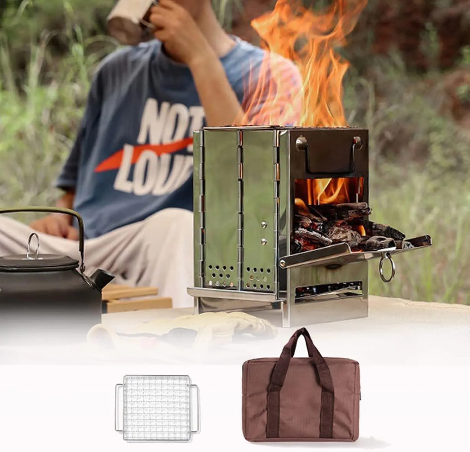Wood Burning Stove, Folding Stove, Portable Camping Stove with BBQ Grill   Storage Bag, for Outdoor Cooking Camping Picnic BBQ, Lightweight Stainless Steel Rocket Stove(M)