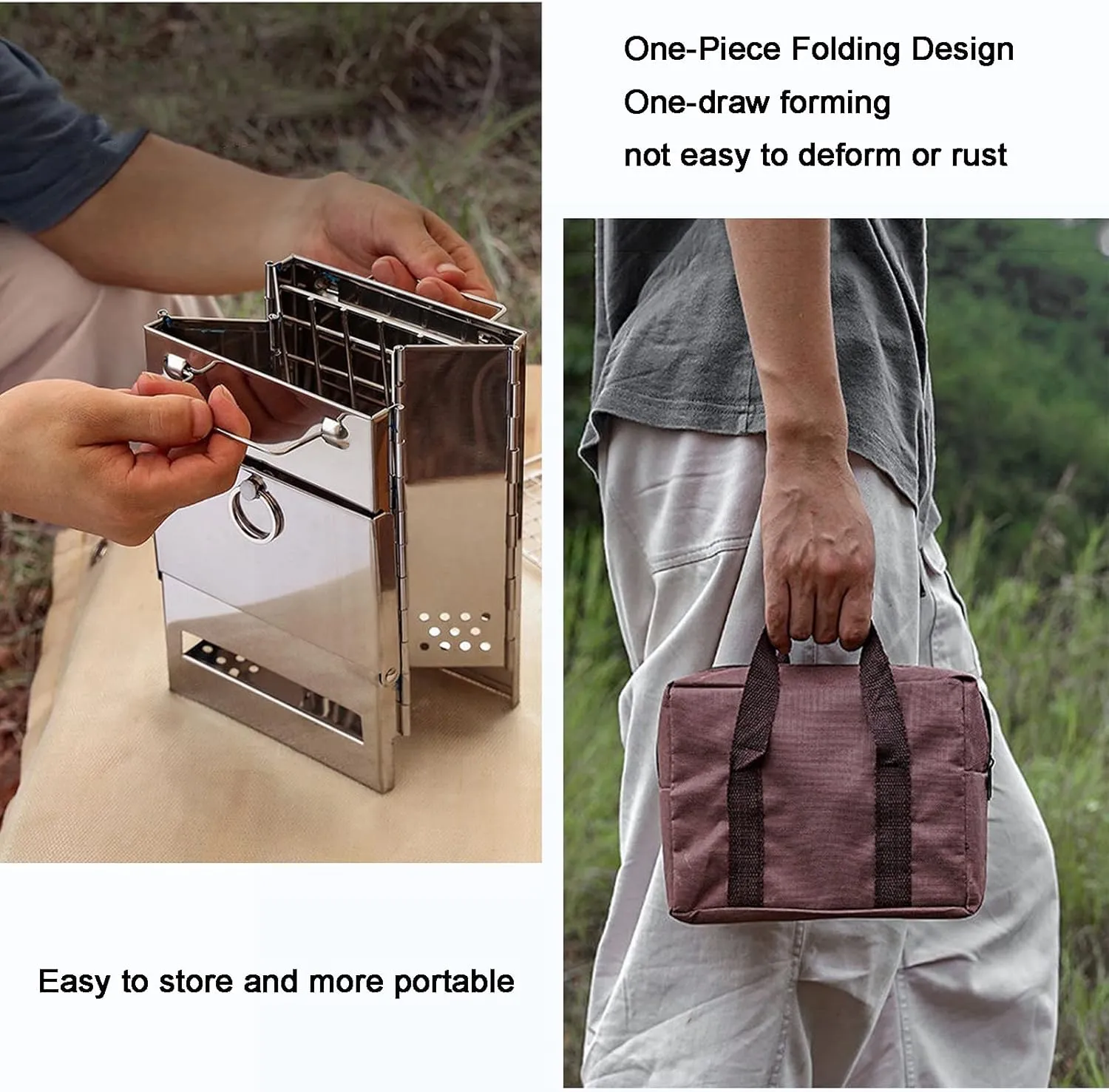 Wood Burning Stove, Folding Stove, Portable Camping Stove with BBQ Grill   Storage Bag, for Outdoor Cooking Camping Picnic BBQ, Lightweight Stainless Steel Rocket Stove(M)