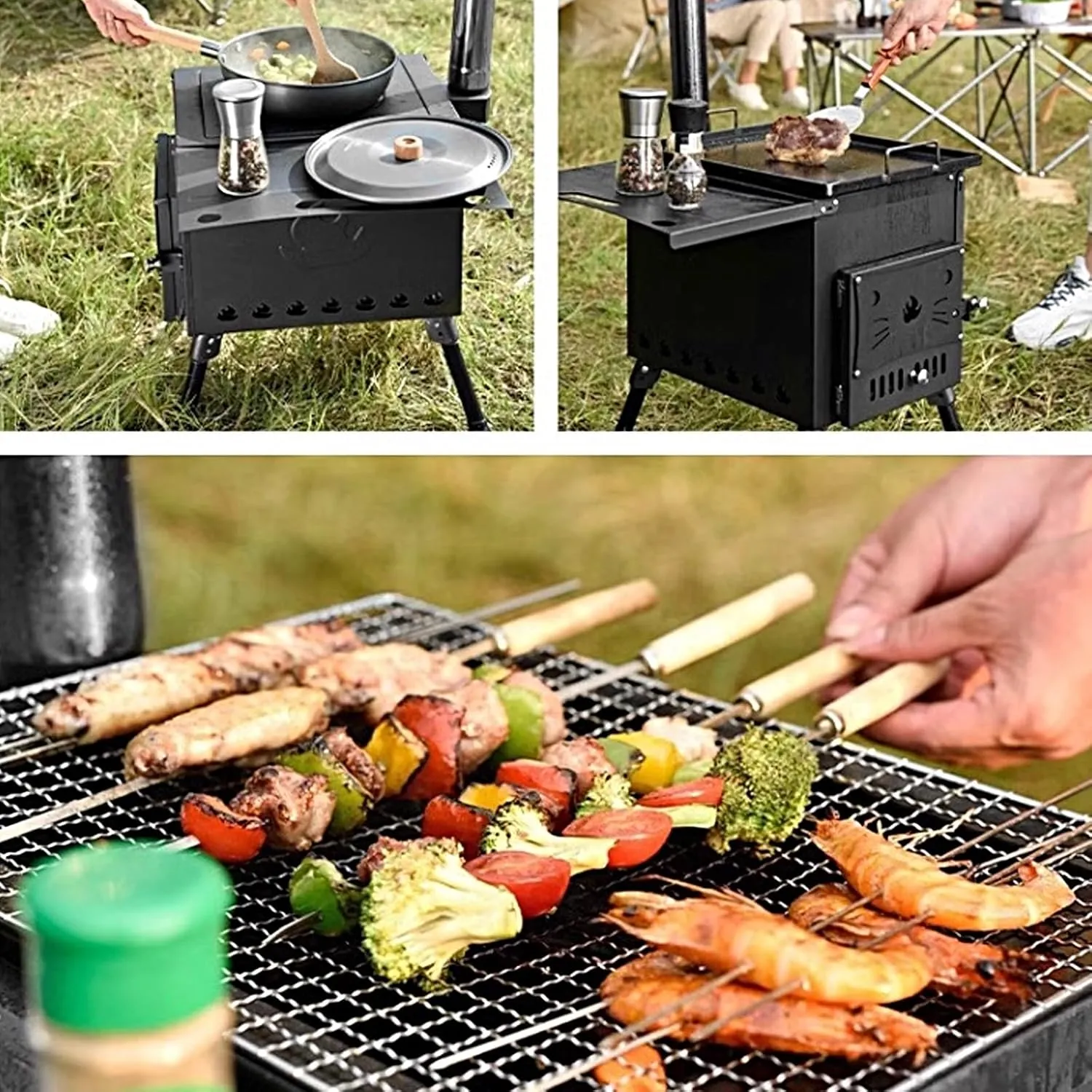 Wood Stove Camping Folding, Portable Backpacking Stove, Tent Stoves Wood Burning, Foldable Legs, Outdoor Stove for Cooking and Heating(Black,57.5 * 29 * 37cm)