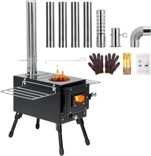 Wood Stove, Portable Tent Stove with 7-Section Stainless Steel Chimney, HeatControl Stovepipe and Elbow Pipe, Wood Burning for Outdoor Camping and Ice Fishing