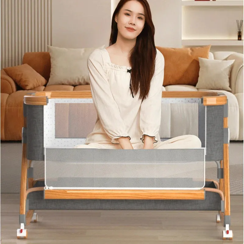 Wooden Silent Wheel Multi-functional Baby Cot Folding Splice Bed