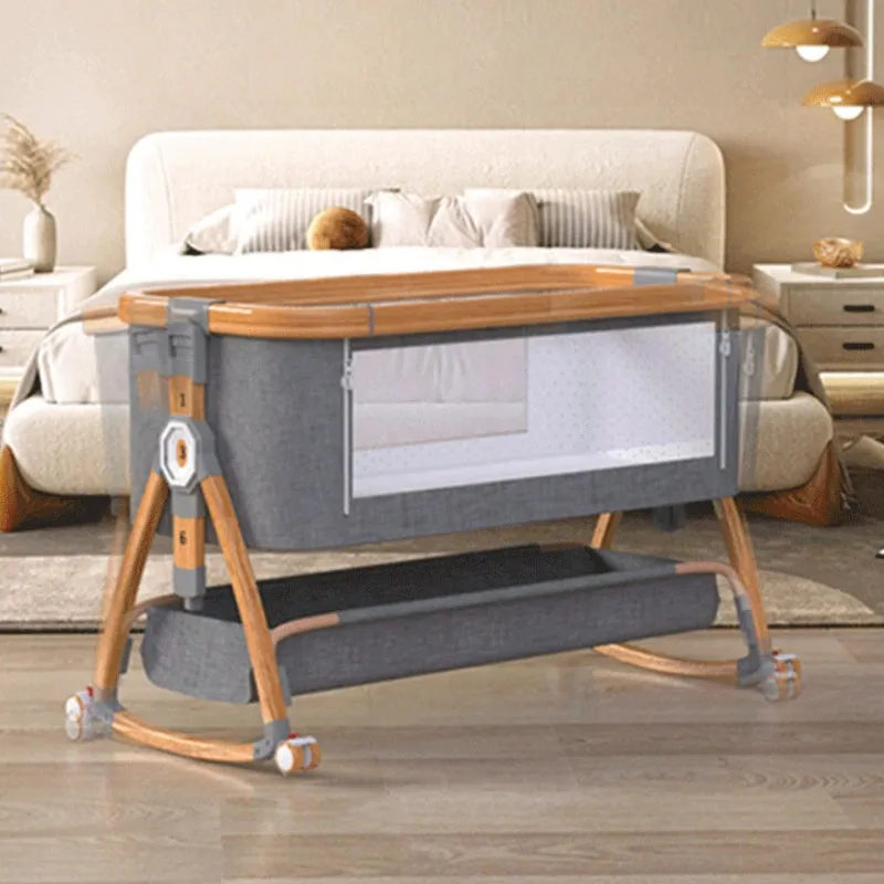 Wooden Silent Wheel Multi-functional Baby Cot Folding Splice Bed