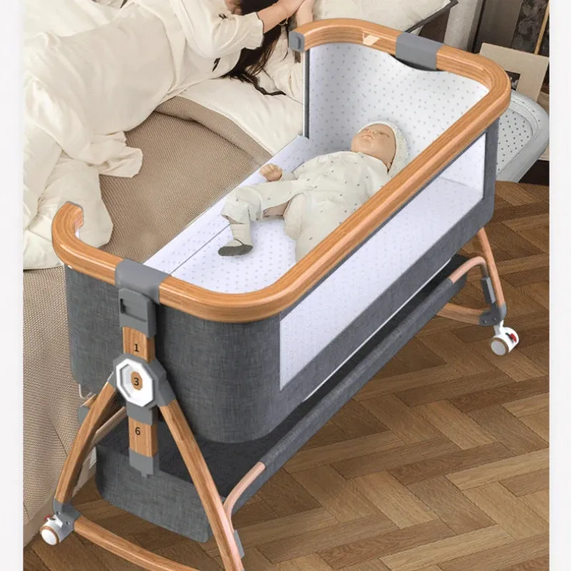 Wooden Silent Wheel Multi-functional Baby Cot Folding Splice Bed