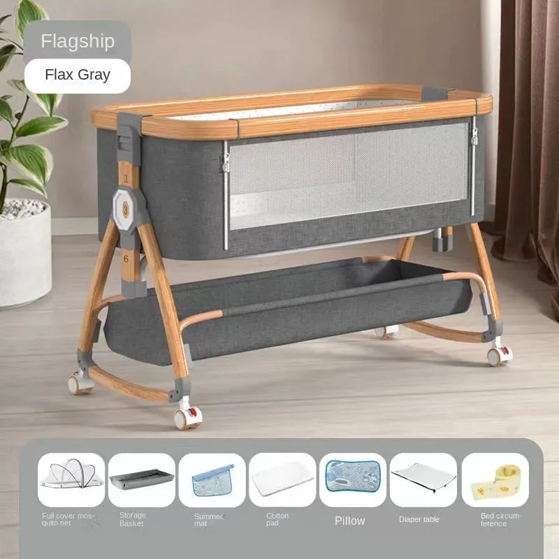 Wooden Silent Wheel Multi-functional Baby Cot Folding Splice Bed