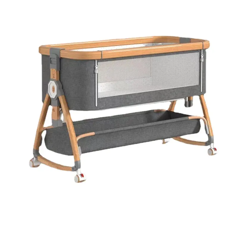 Wooden Silent Wheel Multi-functional Baby Cot Folding Splice Bed