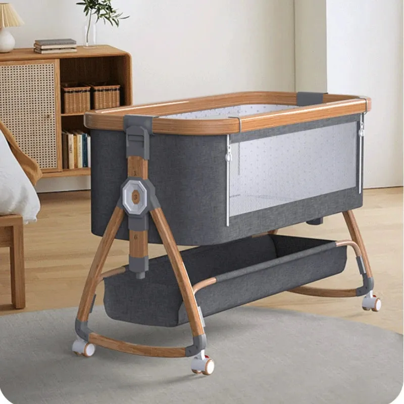 Wooden Silent Wheel Multi-functional Baby Cot Folding Splice Bed