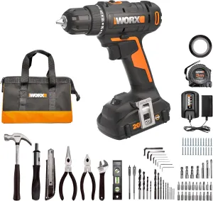 Worx 20V 3/8" Cordless Drill with 84pc Accessory Kit, Variable 2-Speed Drill Set 265 In-Lbs Torque 20 1 Clutch, Lightweight Compact Drill Driver 3/8-Inch Keyless Chuck – Battery & Charger Included