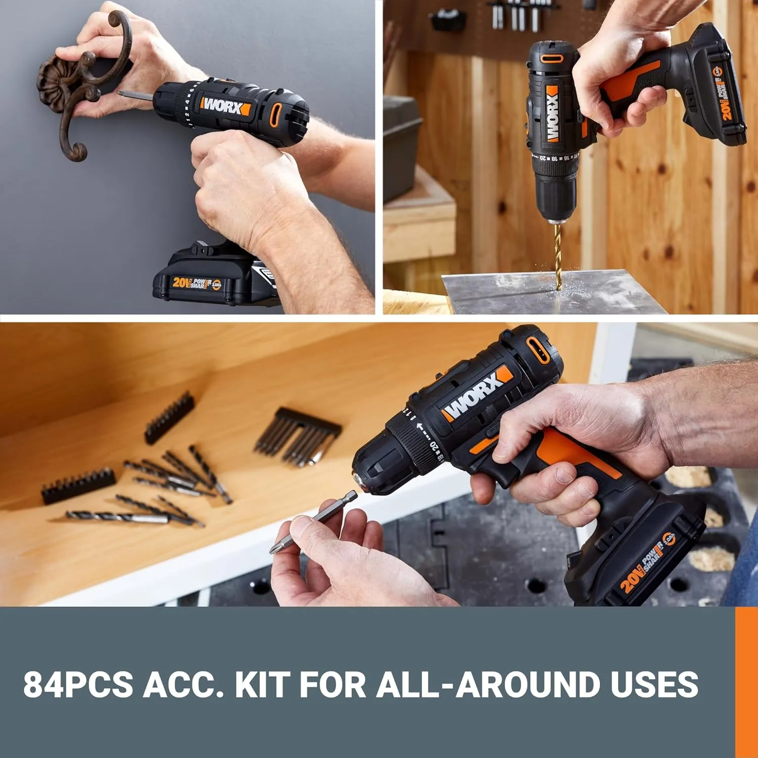 Worx 20V 3/8" Cordless Drill with 84pc Accessory Kit, Variable 2-Speed Drill Set 265 In-Lbs Torque 20 1 Clutch, Lightweight Compact Drill Driver 3/8-Inch Keyless Chuck – Battery & Charger Included