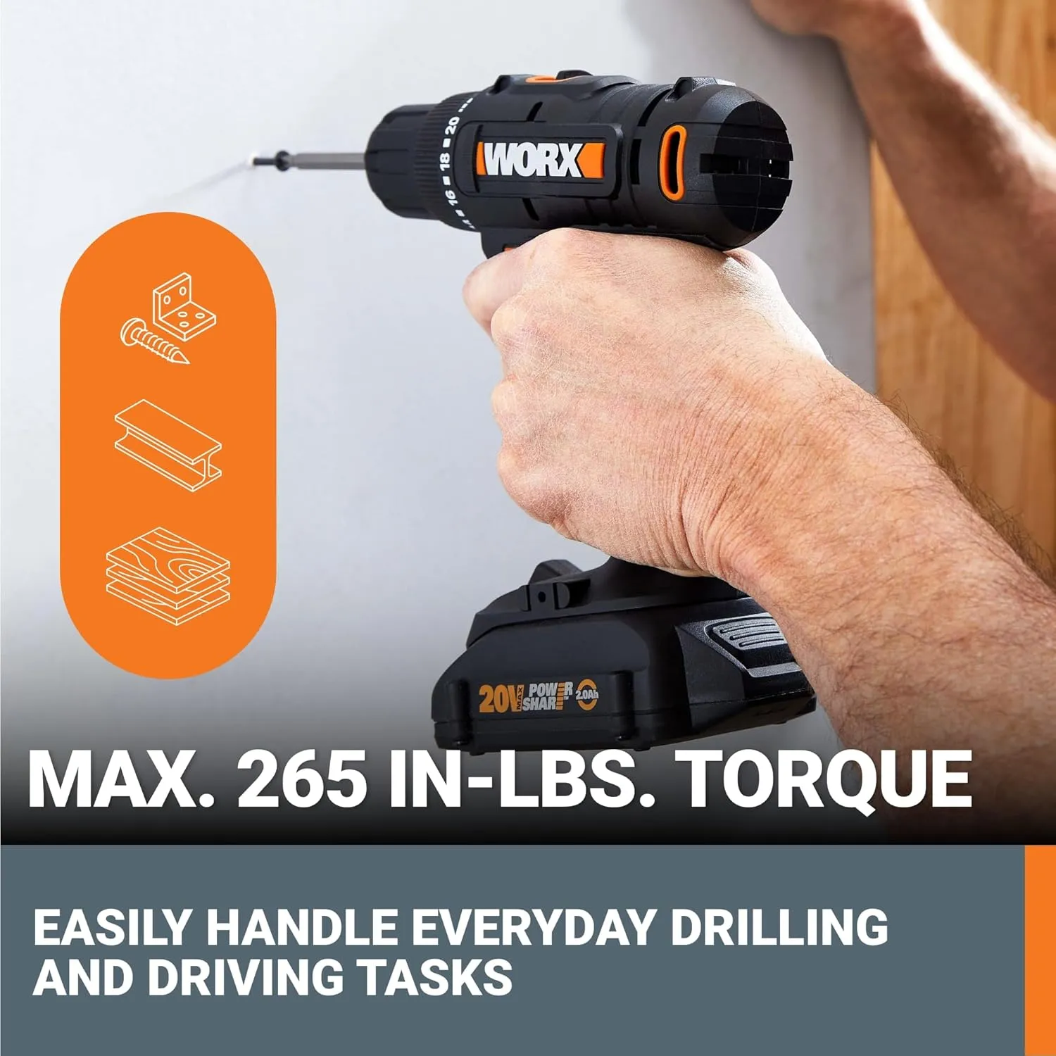 Worx 20V 3/8" Cordless Drill with 84pc Accessory Kit, Variable 2-Speed Drill Set 265 In-Lbs Torque 20 1 Clutch, Lightweight Compact Drill Driver 3/8-Inch Keyless Chuck – Battery & Charger Included