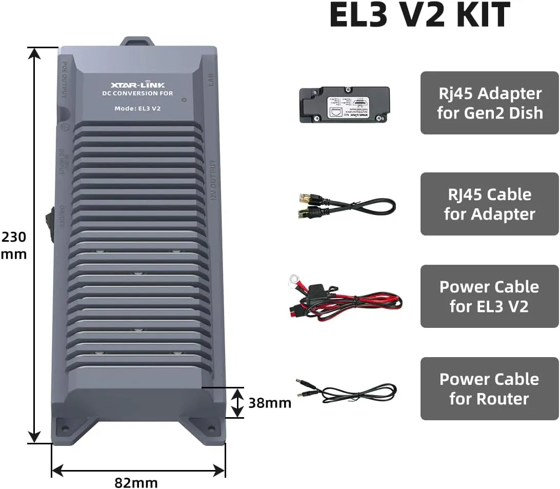 XTAR EL3 V2 Starlink DC Conversion Kit for GEN 2 Dish, 12V to 48V, 5 in 1 Outdoor Fast Internet，Maximize Power Conversion Efficiency, reducing Energy Loss (EL3 V2-KIT)