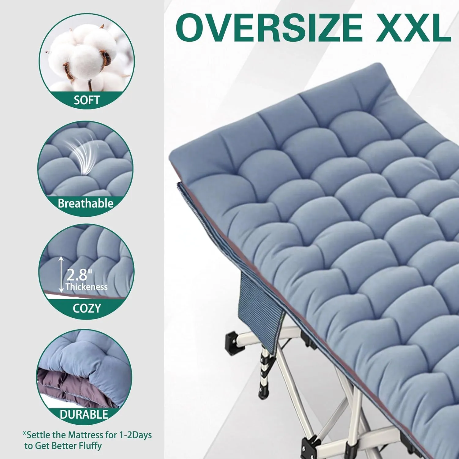XXL Oversize Camping Cot with Comfortable Mattress Caping cots for Adults 32 Inches Wide Cots for Sleeping Cot Bed Folding Cot Easy to Install Heavy Duty with Carry Bag Outdoor Indoor
