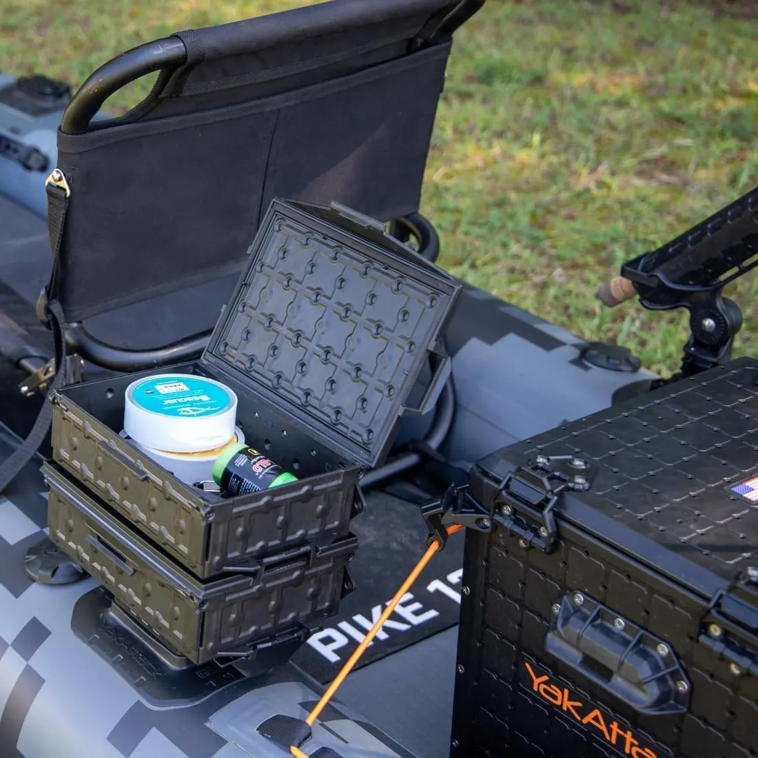 YakAttack TracPak Black Combo Kit – 2 Stackable Kayak Storage Boxes with Quick Release Track Mount Base | Kayak Crate System for Fishing Gear & Tackle Accessories | Compact Kayaking Storage Box