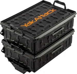 YakAttack TracPak Black Combo Kit – 2 Stackable Kayak Storage Boxes with Quick Release Track Mount Base | Kayak Crate System for Fishing Gear & Tackle Accessories | Compact Kayaking Storage Box