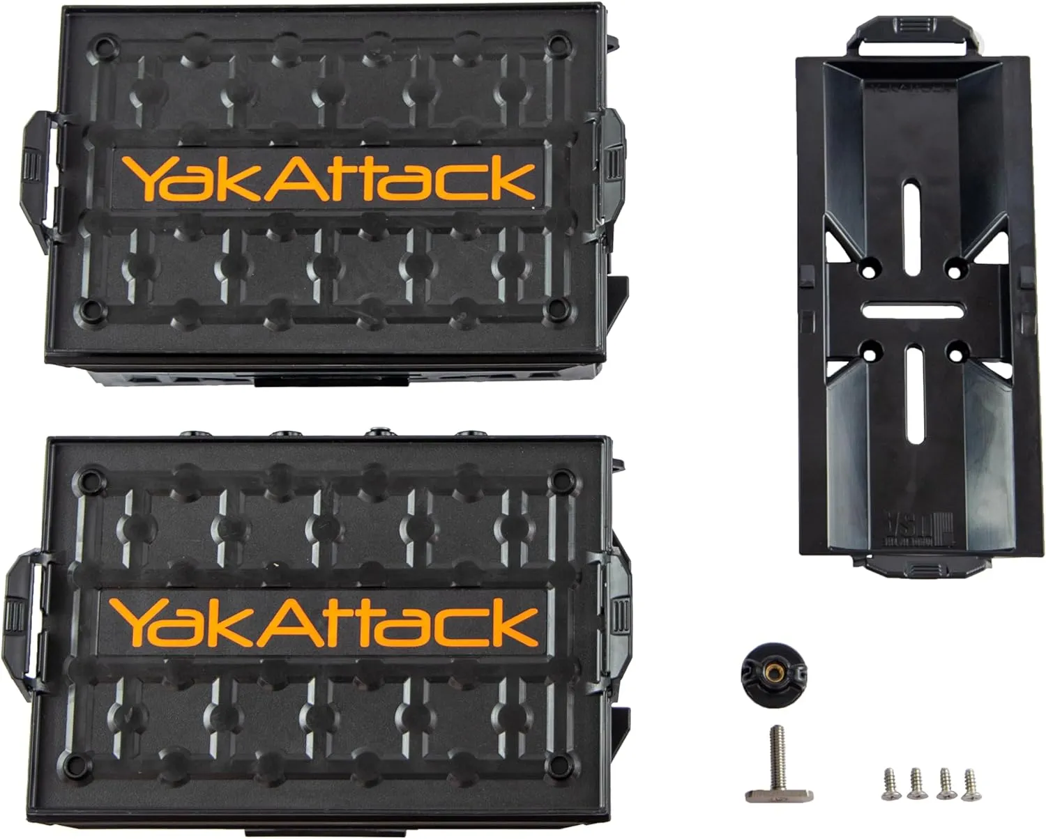 YakAttack TracPak Black Combo Kit – 2 Stackable Kayak Storage Boxes with Quick Release Track Mount Base | Kayak Crate System for Fishing Gear & Tackle Accessories | Compact Kayaking Storage Box
