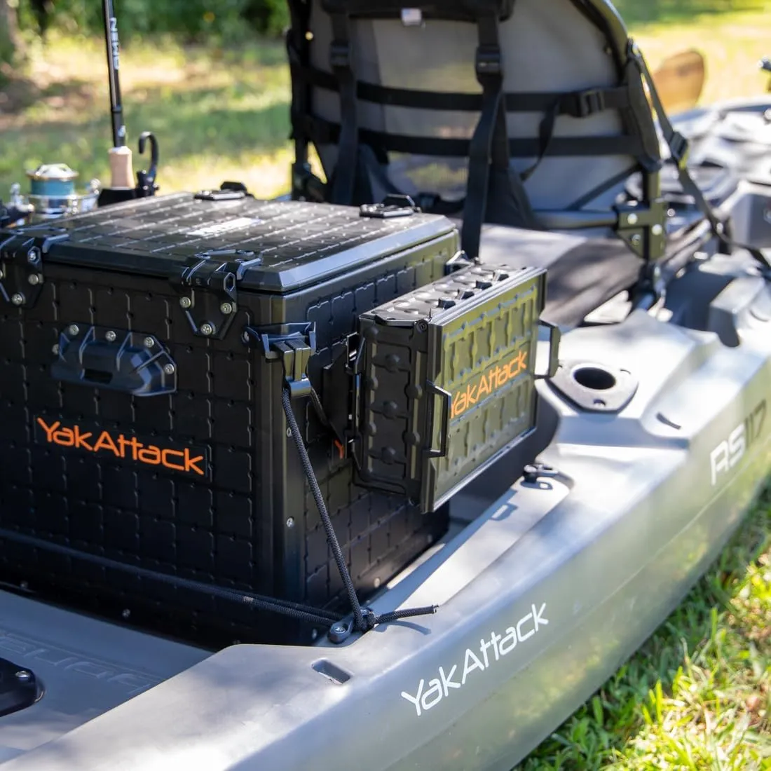 YakAttack TracPak Black Combo Kit – 2 Stackable Kayak Storage Boxes with Quick Release Track Mount Base | Kayak Crate System for Fishing Gear & Tackle Accessories | Compact Kayaking Storage Box