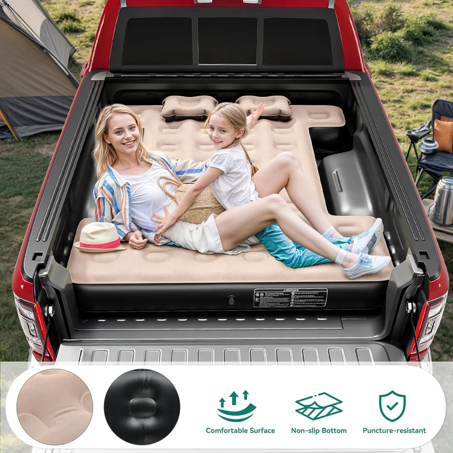 YITAHOME Truck Bed Air Mattress for 5.5-5.8 ft Short Beds, Portable Inflatable Car Camping Mattress with Pump, Pillows & Carry Bag for Travel, Outdoor & Road Trips, Black & Brown