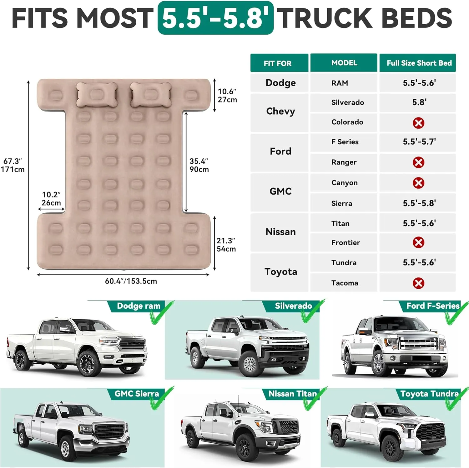 YITAHOME Truck Bed Air Mattress for 5.5-5.8 ft Short Beds, Portable Inflatable Car Camping Mattress with Pump, Pillows & Carry Bag for Travel, Outdoor & Road Trips, Black & Brown