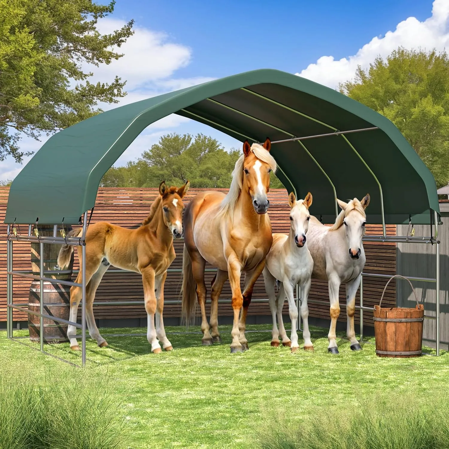 YOLENY 12'x12' Corral Shelter, Heavy Duty Round Style Canopy, Waterproof and UV Treated Universal Cover, Easy Assembly Stable and Agricultural Storage and Shade Shed Kit for Livestock,Green