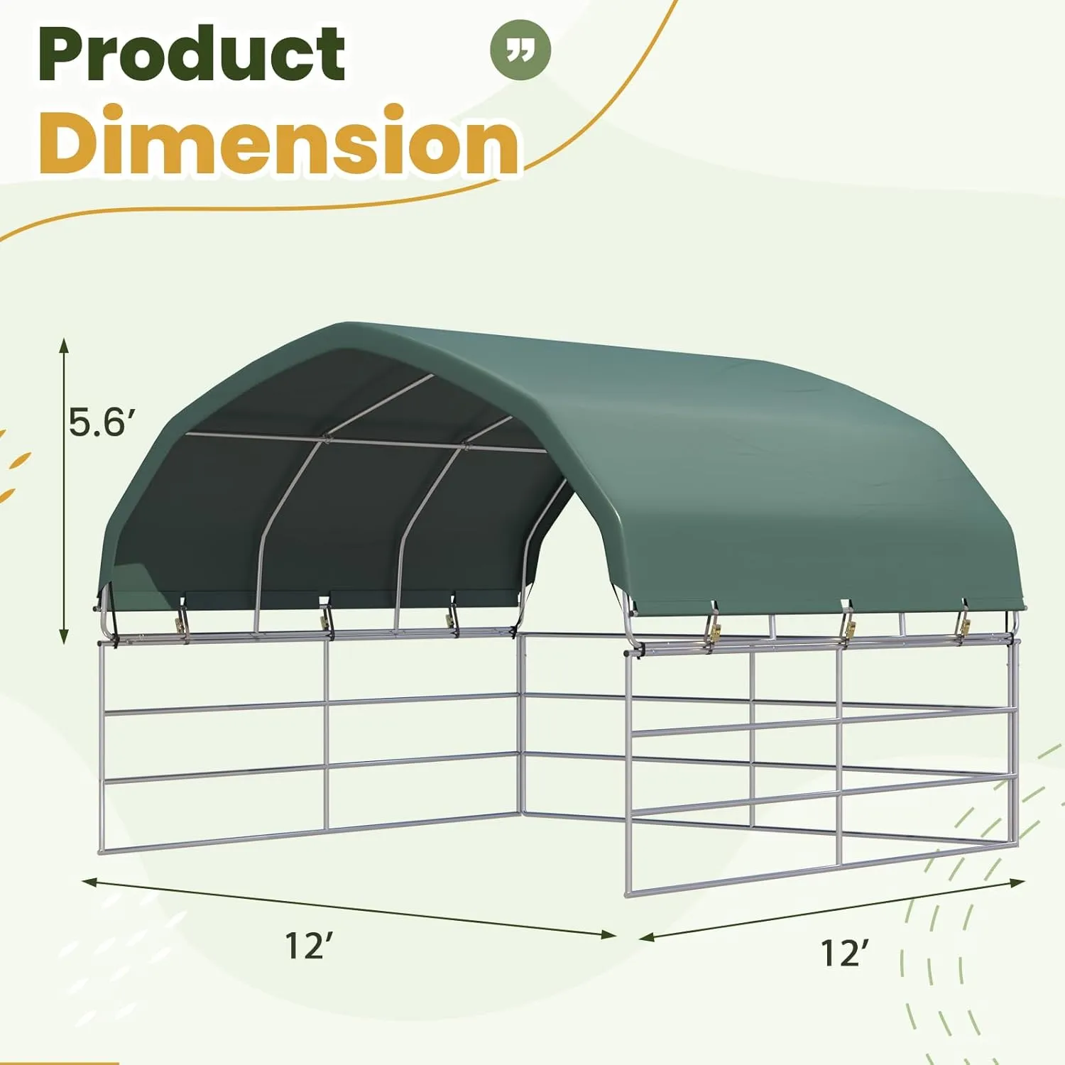 YOLENY 12'x12' Corral Shelter, Heavy Duty Round Style Canopy, Waterproof and UV Treated Universal Cover, Easy Assembly Stable and Agricultural Storage and Shade Shed Kit for Livestock,Green