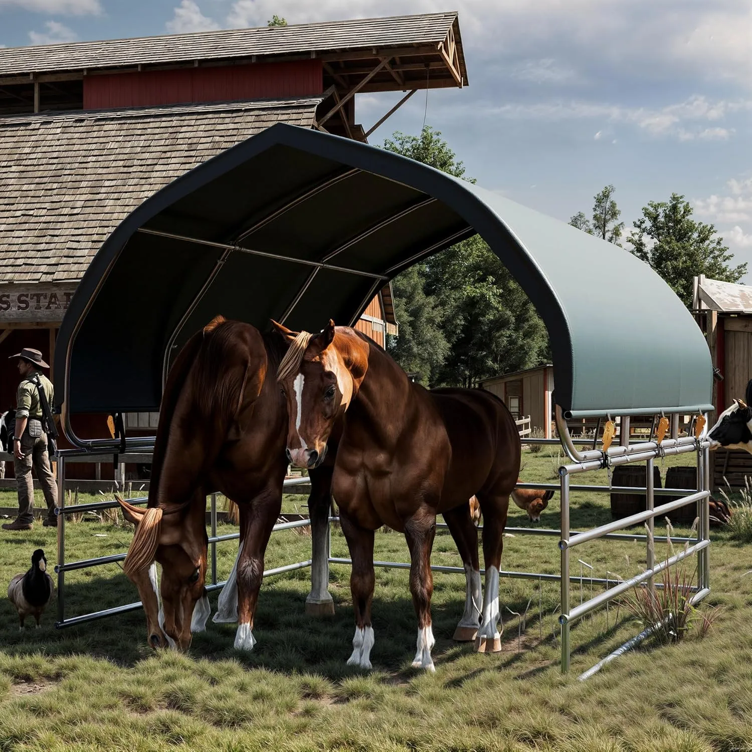YOLENY 12'x12' Corral Shelter, Heavy Duty Round Style Canopy, Waterproof and UV Treated Universal Cover, Easy Assembly Stable and Agricultural Storage and Shade Shed Kit for Livestock,Green