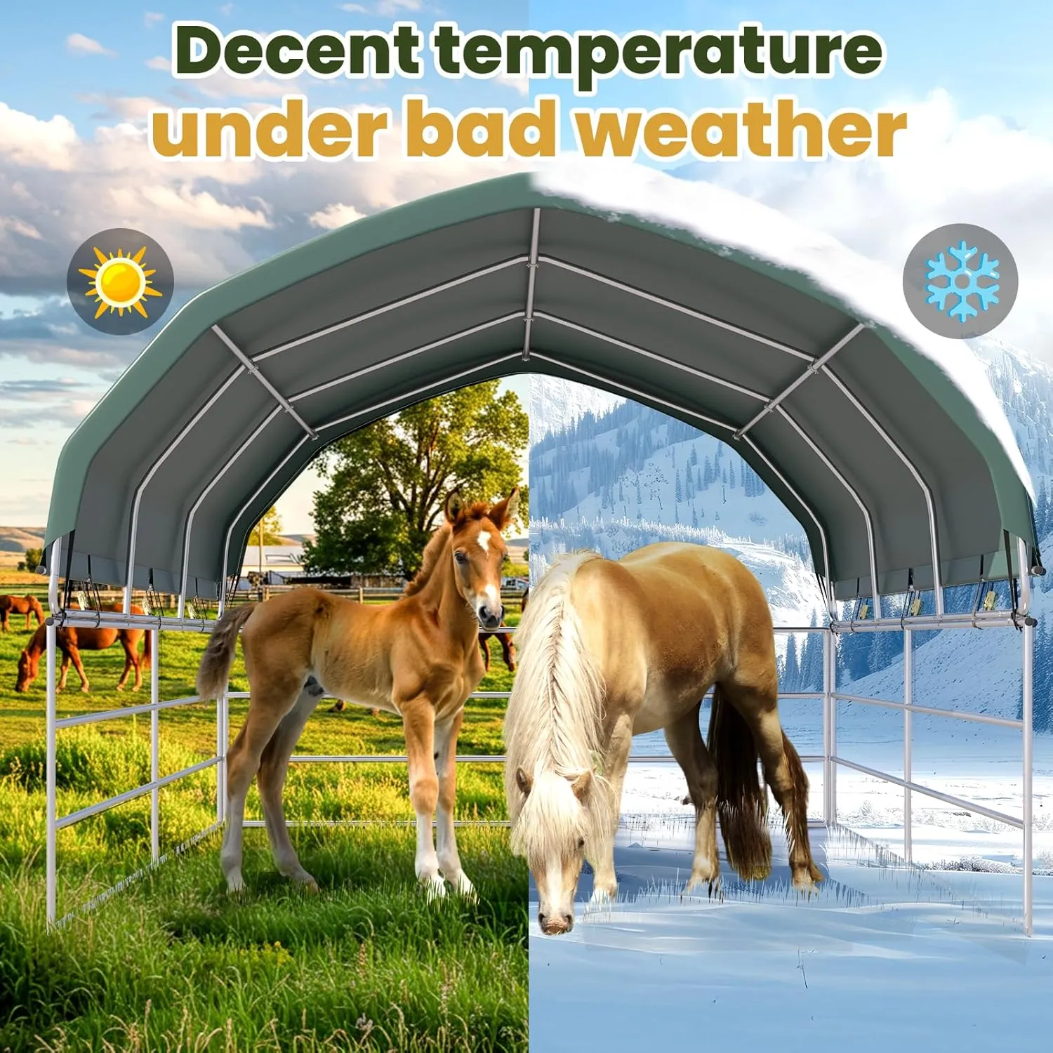 YOLENY 12'x12' Corral Shelter, Heavy Duty Round Style Canopy, Waterproof and UV Treated Universal Cover, Easy Assembly Stable and Agricultural Storage and Shade Shed Kit for Livestock,Green