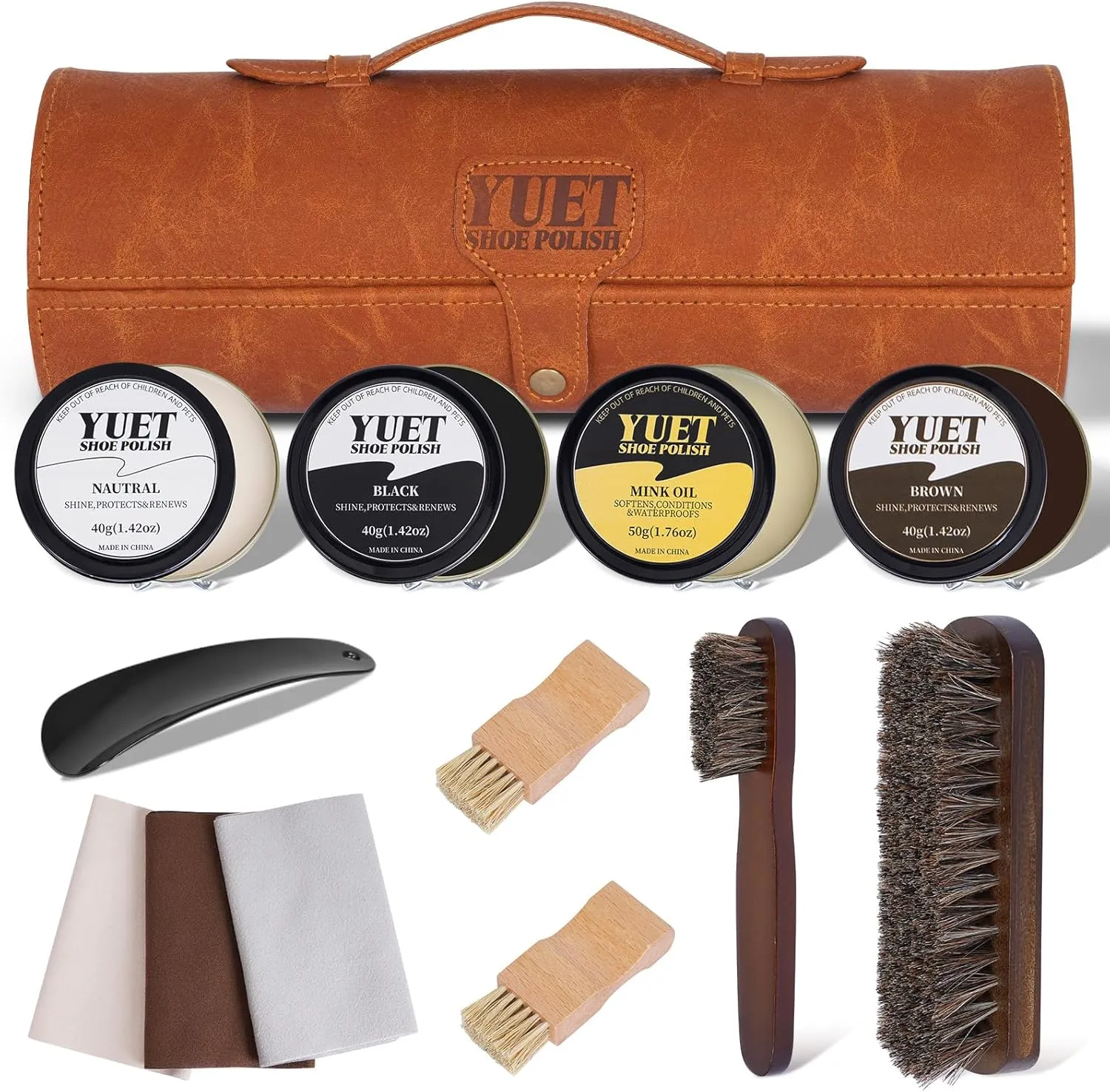 YUET 13PC Shoe Polish Care Kit Leather Boot Shine Set w/Travel Case, Brush, Cloth, Shoehorn, Brown Black Neutral Polish