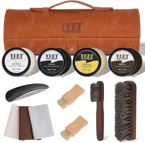 YUET 13PC Shoe Polish Care Kit Leather Boot Shine Set w/Travel Case, Brush, Cloth, Shoehorn, Brown Black Neutral Polish