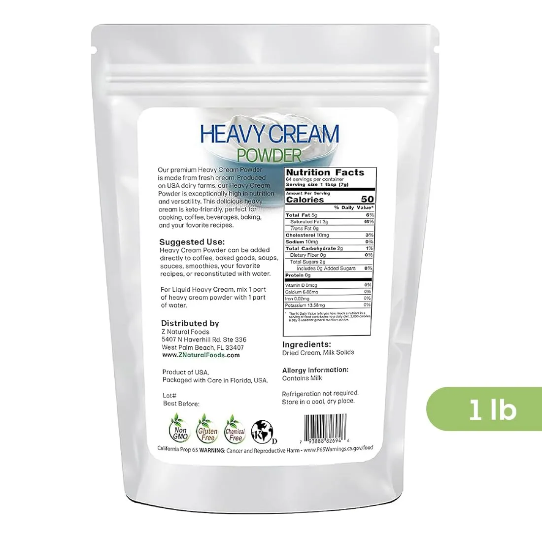 Z Natural Foods Heavy Cream Powder - Nutrient-Dense, Delicious Powdered Cream with 1-Year Shelf Life - Easy to Use & Perfect for Coffee, Baking & Recipes, Keto-Friendly, Gluten-Free, 1 lb