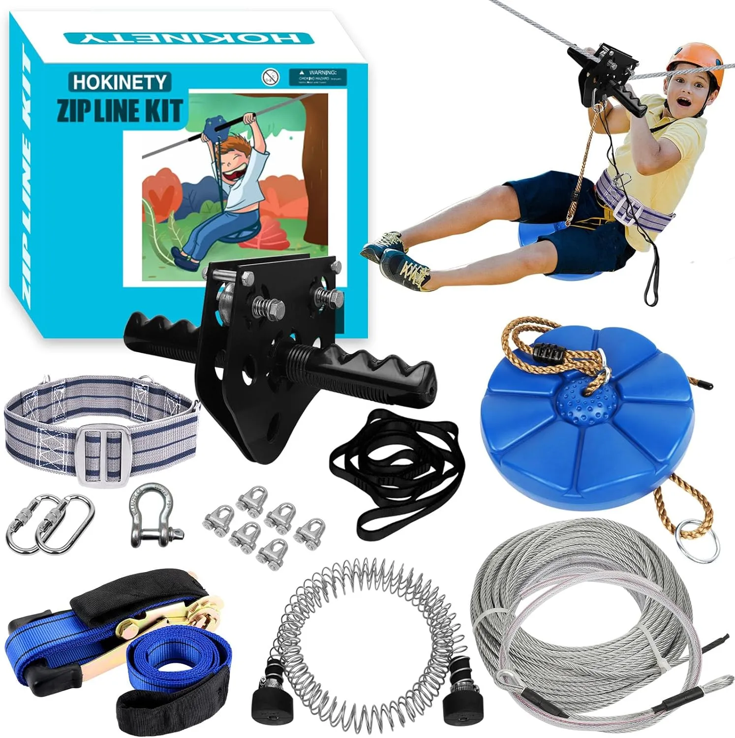 Zip Line Kit for Kids Adults : Up to 450Lbs 150FT Zipline for Backyard Outdoor with 100% Rust Proof Removable Trolley Swing Seat Safety Harness Spring Brake