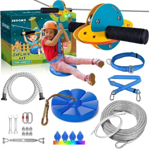 Zip Line Kit for Kids and Adults Outdoor, UFO Trolley 75/100/120/150ft Zipline for Backyard, Up to 350 Lbs, Included Swing Seat, Ziplines Spring Brake and Safety Harness