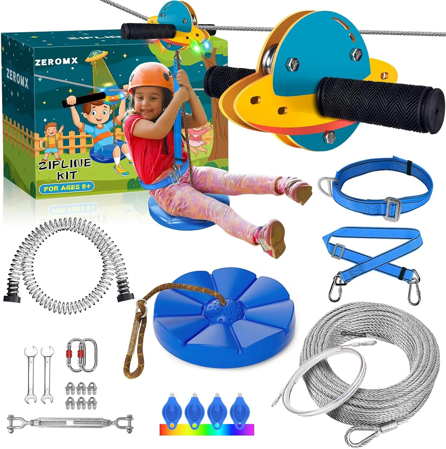 Zip Line Kit for Kids and Adults Outdoor, UFO Trolley 75/100/120/150ft Zipline for Backyard, Up to 350 Lbs, Included Swing Seat, Ziplines Spring Brake and Safety Harness