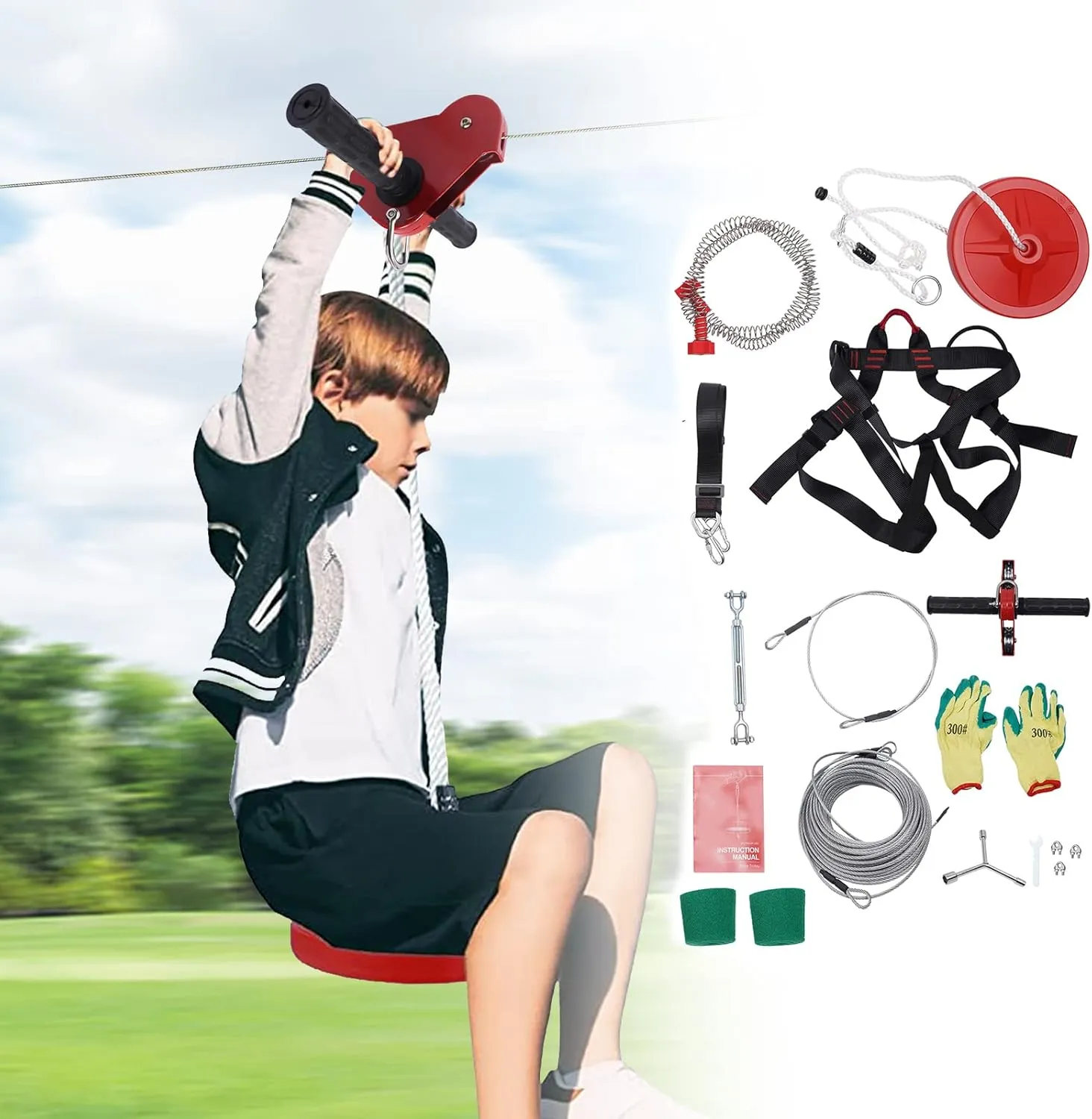 Zip line Kits for Backyard 160FT, Kids Zipline Kit for Children and Teens Up to 330lb with Stainless Steel Ziplines Spring Brake and Safety Harness (160FT)