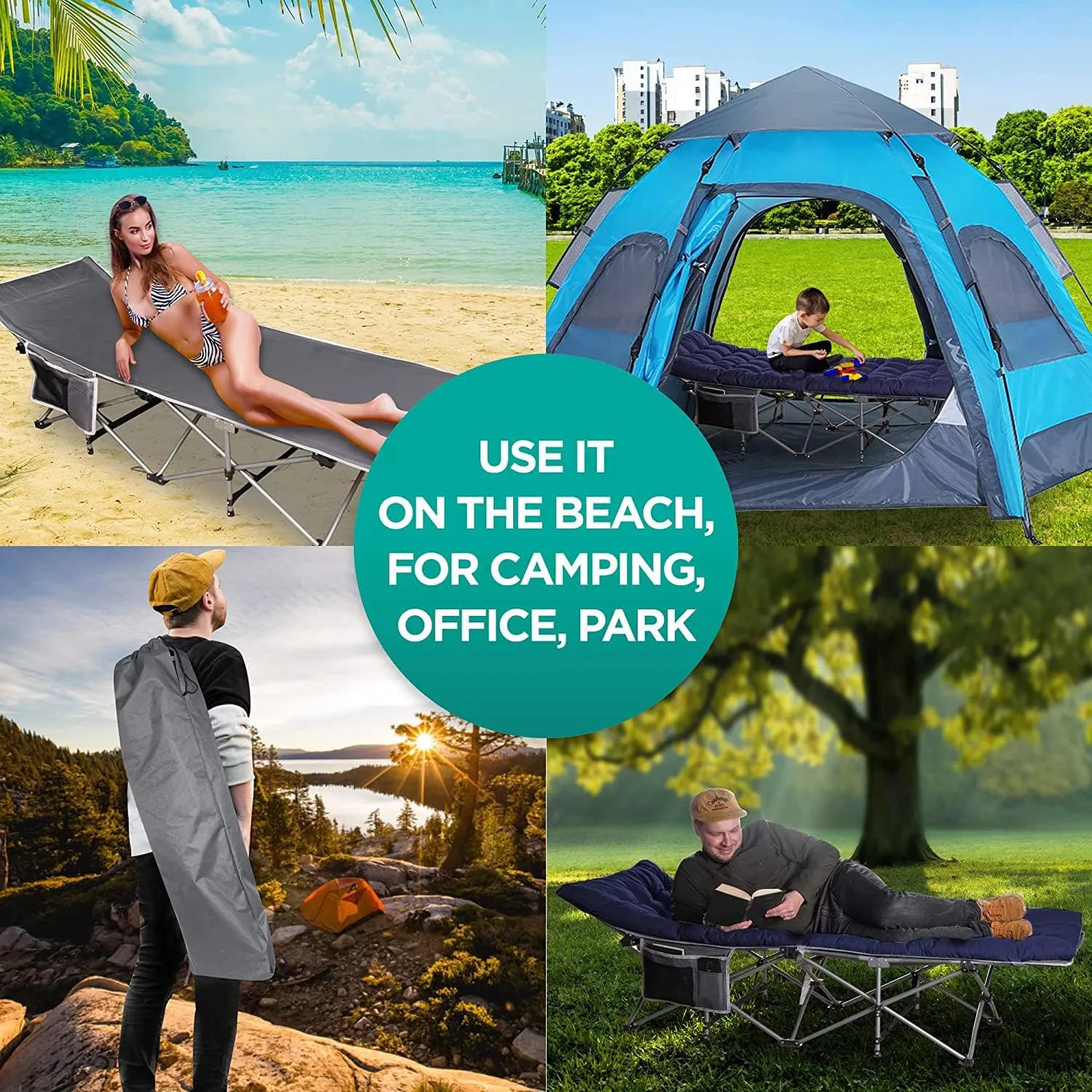 ZONETECH Folding Outdoor Camping Travel Cot and Pad - Premium Quality Lightweight Portable Heavy Duty Adult & Kids w/Large Pocket and Cushion (Gray & Blue 1-Pack)