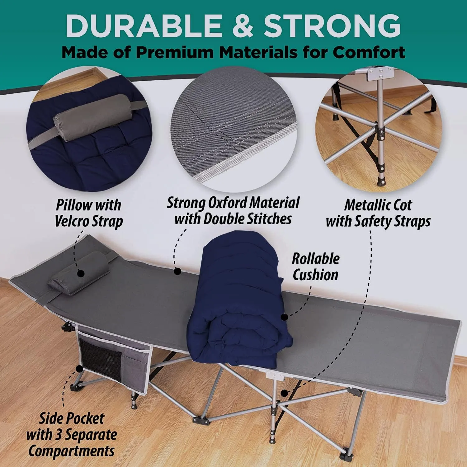 ZONETECH Folding Outdoor Camping Travel Cot and Pad - Premium Quality Lightweight Portable Heavy Duty Adult & Kids w/Large Pocket and Cushion (Gray & Blue 1-Pack)