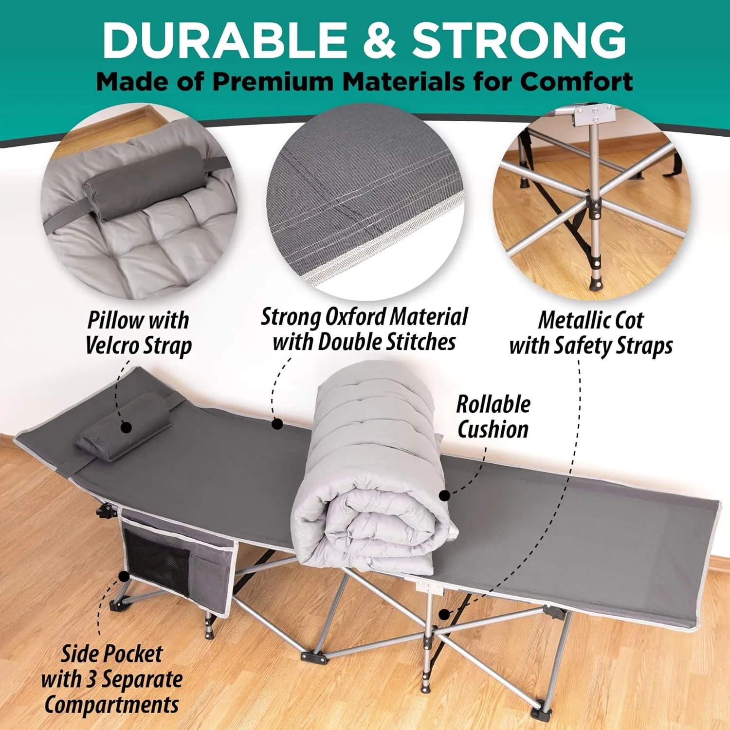 ZONETECH Outdoor Camping Travel Cot and Cot Pad - Foldable Classic Grey Quality Lightweight Portable Heavy Duty Adult & Kids Travel with Large Pocket and Cushion Perfect for Hiking, Camping (1-Pack)