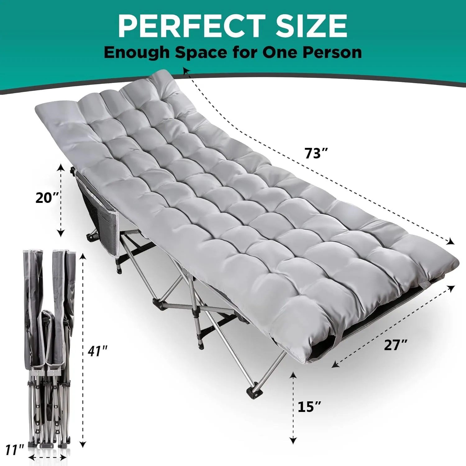 ZONETECH Outdoor Camping Travel Cot and Cot Pad - Foldable Classic Grey Quality Lightweight Portable Heavy Duty Adult & Kids Travel with Large Pocket and Cushion Perfect for Hiking, Camping (1-Pack)